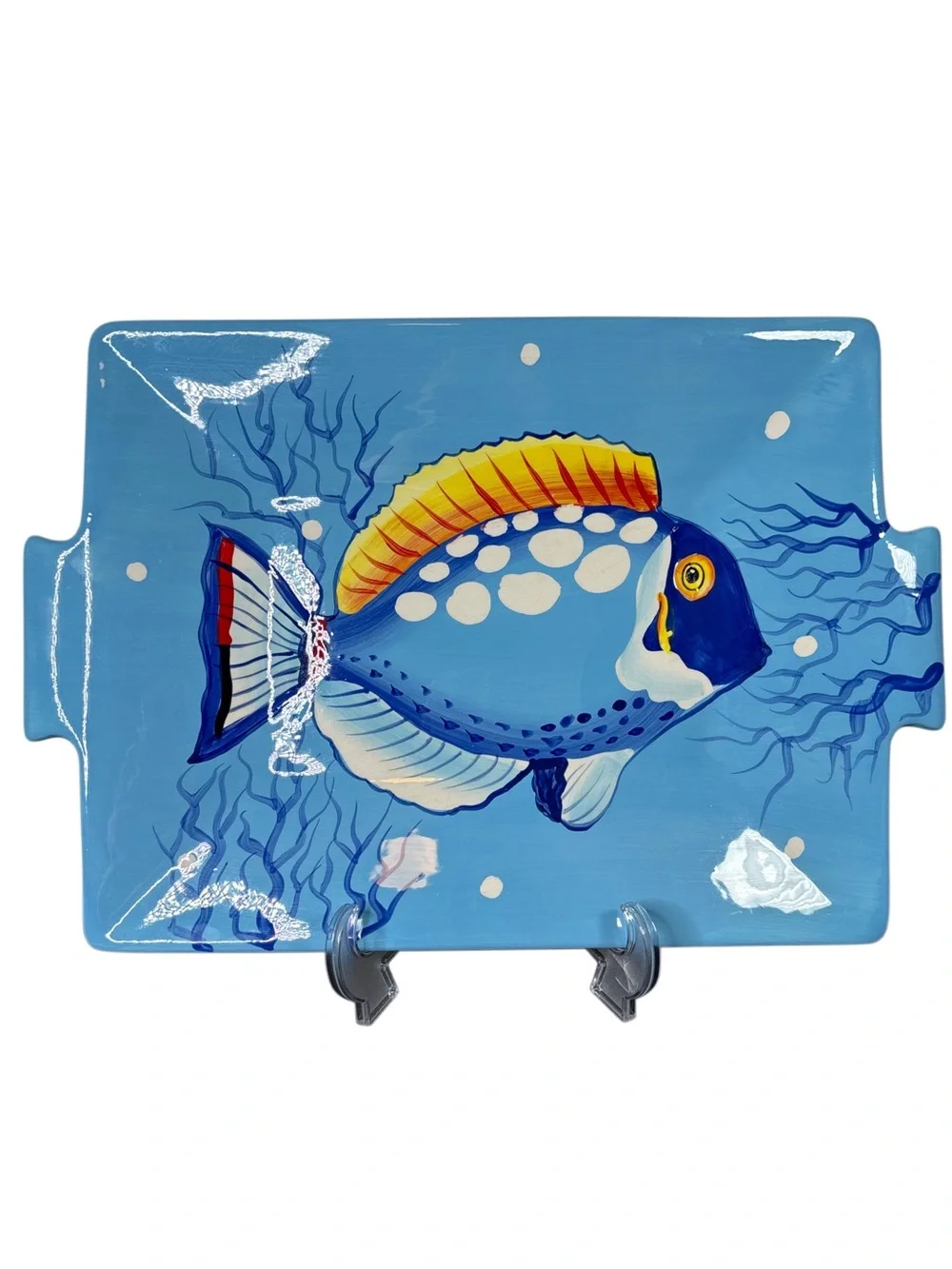 La Dolce Vita Hand-Painted Blue Tropical Fish Ceramic Serving Platter 19x13.5”